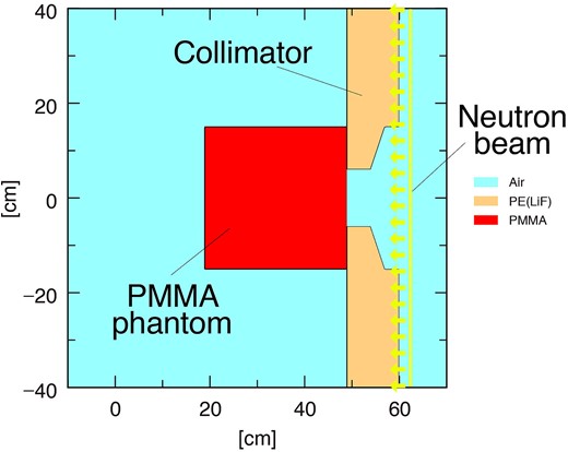 Schematic layout of irradiation test using PMMA phantom (PHITS ver. 3.28).