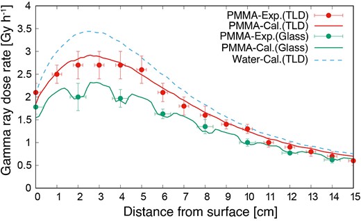 Gamma-ray dose rate distributions inside PMMA and water phantom.
