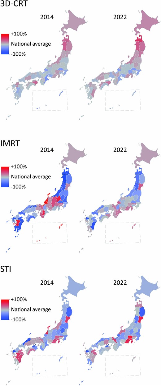 Map plot of the number of claims per 100 000 population in each prefecture relative to the national average each year for three different types of radiotherapy.