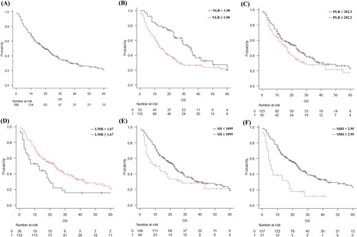 Post-radiosurgery overall survival (OS) of the patients with brain metastasis estimated using the Kaplan–Meier method considering each parameter. (A) OS in the entire cohort, (B) neutrophil–lymphocyte ratio (NLR; black line: NLR < 1.90; red line, NLR ≥ 1.90), (C) platelet–lymphocyte ratio (PLR; black line: PLR < 202.2; red line: PLR ≥ 202.2), (D) lymphocyte–monocyte ratio (LMR; black line: LMR < 1.67; red line: LMR ≥ 1.67), (E) systemic immune-inflammation index (SII; black line: SII < 1095; red line: SII ≥ 1095), (F) systemic inflammation response index (SIRI; black line: SIRI <2.95; red line: SIRI ≥2.95).