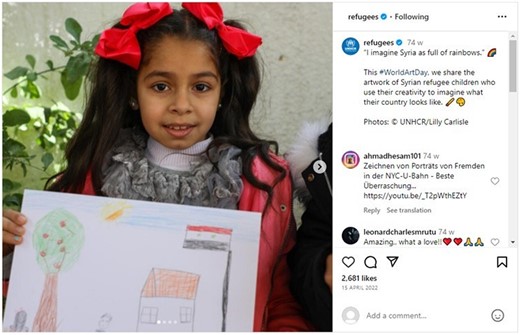 Screenshot of a UNHCR Instagram post covering a girl who holds a drawing of a tree, house, Syrian flag and some people in front of her.