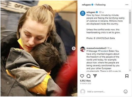 Screenshot of a UNHCR Instagram post covering a woman hugging a little boy and looking down.