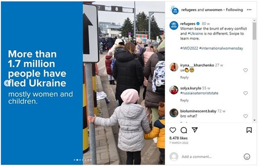 Screenshot of a UNHCR Instagram post showing a group of people, including small children, and the text ‘More than 1.7 million people have fled Ukraine. Mostly women and children’.