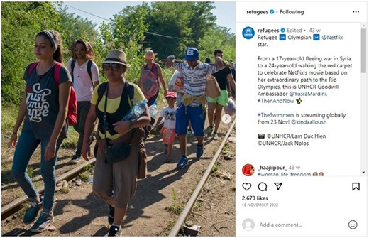 Screenshot from a UNHCR Instagram post showing a group of people, including UNHCR Goodwill Ambassador and Syrian refugee Yusra Mardini, with luggage walking on a train track.