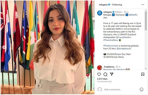 Screenshot from a UNHCR Instagram post featuring UNHCR Goodwill Ambassador and Syrian refugee Yusra Mardini posing in front of several national flags.