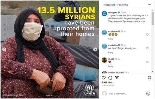 Screenshot of a UNHCR Instagram post depicting a woman wearing a face mask and mentioning the text ‘13.5 million Syrians have been uprooted from their homes’.