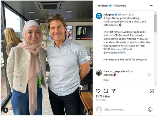 Screenshot of a UNHCR Instagram post depicting Maya Ghazal, the first female Syrian refugee pilot and UNHCR Goodwill Ambassador, and Top Gun actor Tom Cruise.
