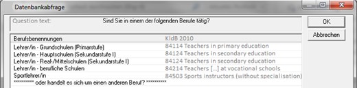 Screenshot from the interview with the ‘vice director and teacher’: job titles in black fount were suggested to the interviewer; the text in grey fount was not shown during the interview and only added for this paper to illustrate underlying categories from the 2010 German classification of occupations; category titles are shown in abbreviated form (this example is discussed in Section 4.4.1)
