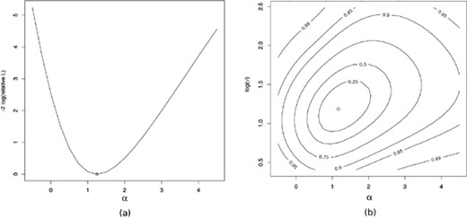 Martin-Marietta数据：（a）参数α和（b）α与log（ν）的两次曲线负相对对数似然