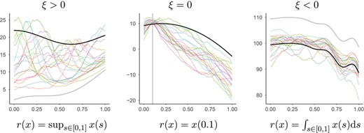 广义r-Pareto过程在S=[0，1]上的实现，位置函数b（重黑线）和Fξ，a，b（重灰线）的上下限b−ξ−1a。左：形状参数ξ>0且风险函数r（x）=sups∈Sx（s）的实现x。中间：ξ=0和风险函数r（x）=x（0.1）的实现，代表s=0.1（垂直线）的评估。右：实现x，ξ<0，风险函数r（x）=бs∈Sx（s）ds