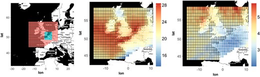 左图：研究区域E（彩色单元格），用于模拟欧洲的极端风暴。山区被删除，以避免再分析模型的系统偏差。绿色单元格显示包含阿姆斯特丹、布鲁塞尔、伦敦和巴黎的EABLP区域。广义r-Pareto过程的估计位置和尺度函数bn（中间）和a（右侧）（均以ms−1为单位）