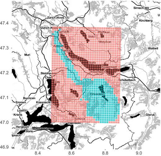 Sihl河流域（绿色）和研究区域（红色）