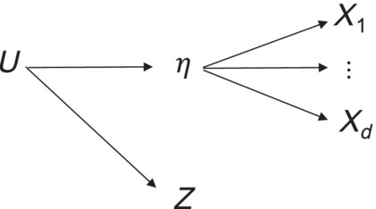 Structural latent factor model with Z neither affecting, nor affected, by latent η, but the structural interpretation still requiring indicators (X1,…,Xd) independent of Z conditional on η