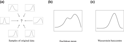 Comparison of Wasserstein barycentre vs. Euclidean average for capturing structural information in random distributions. The barycentre and Euclidean average are based on six unimodal distributions. The Euclidean average has two modes while the Wasserstein barycentre preserves unimodality.