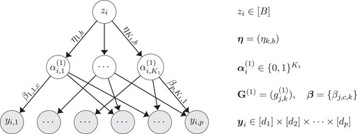Two-latent-layer model. Latent variables zi,αi,1,…,αi,K1 and observed variables yi,1,…,yi,p are subject-specific, and model parameters G(1),β,τ,η are population quantities.