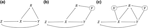 Causal graphical examples (a)-(c) illustrating Assumption 1 with the shadow variable Z, missingness indicator R, covariates X and outcome Y; variables in circles are unmeasured.