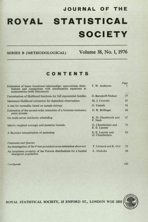 Journal of the Royal Statistical Society: Series B (Methodological) Cover Image for Volume 38, Issue 1