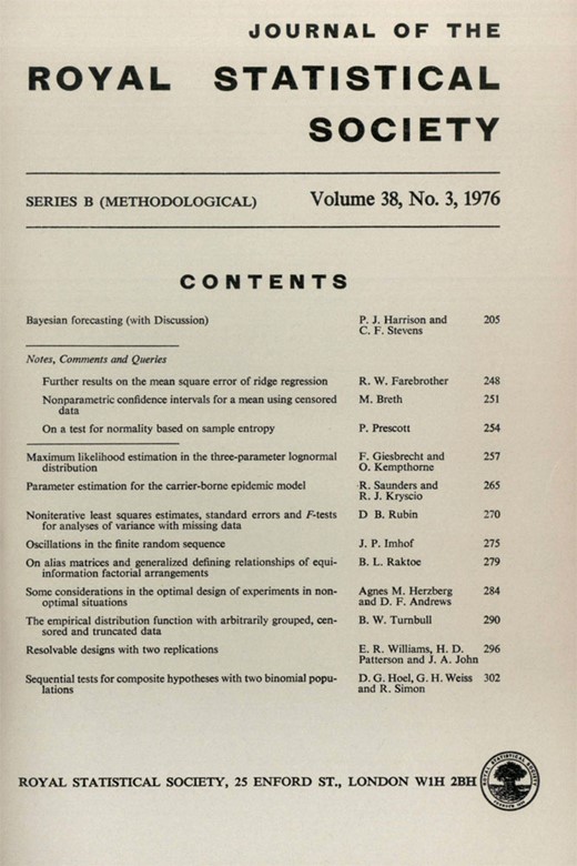 Journal of the Royal Statistical Society: Series B (Methodological) Cover Image for Volume 38, Issue 3