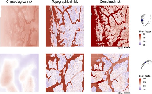 Climatological, topographical, and combined risk factor for the greater Bergen area (top row) and greater Tromsø area (bottom row), see the small maps on the right-hand side for the location of Bergen and Tromsø, respectively. The colourscale is centred at white, corresponding to the average risk, with below-average risk in blue and above-average risk in red.