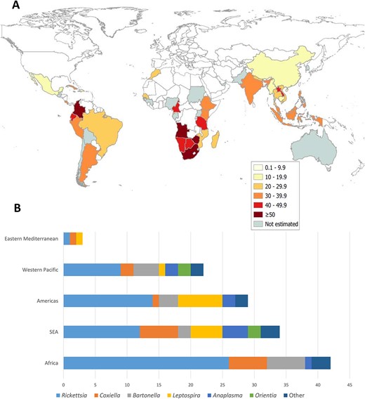 Geographical distribution of doxycycline responding illnesses (DRI). DRI: doxycycline responding illness. SEA: South-East Asia. (1A) Incidence of DRI (%) was calculated as the ratio of travellers with DRI among the number of travellers with undifferentiated NMF) returning from each country. Incidence of DRI was not estimated in countries with ≤ 2 returning travellers with undifferentiated NMF. (1B) Number of each DRI (x-axis) per WHO region (y-axis)
