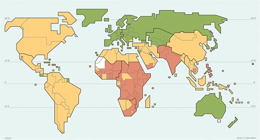 Map. Risk of faecal–oral transmission, scored from open defecation, domestic cholera and endemic typhoid in 199 countries: high (red, for Score 3), moderate (yellow, for Score 1 or 2) or minimal (green, for Score 0)