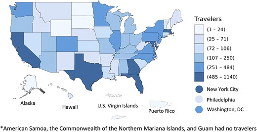 Final US destinations of travellers from Uganda reported at entry screening during the Sudan ebolavirus outbreak, October 2022–January 2023 (American Samoa, the Commonwealth of the Northern Mariana Islands, and Guam had no travelers)