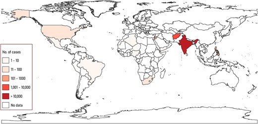 Choropleth map showing global outbreak of dog-bite cases between January and October 2022, as reported at ProMED news (https://isid.org). The map was created using QGIS 3.26.3. The base layer map was used from the ArcGIS Hub.