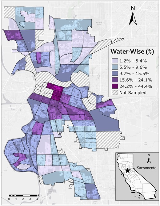 Map of Sacramento, California, showing the percent water-wise yards by census tract.