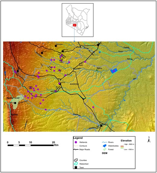 Illustrations for, 1a: Kenyan map indicating where Nairobi is situated; 1b: Graphical representation of the high and low areas of Nairobi City;. 1c: Scale bar indicating approximate distances between places or length of landscape elements; and 1d: Key illustrating meaning of symbols on the graphical representation.