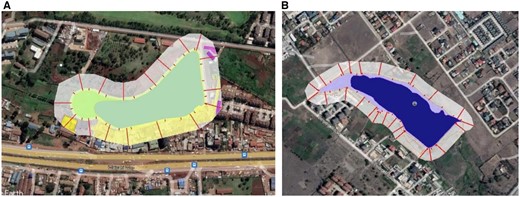 3a: Simple measurement of wetland attributes in satellite imagery for Kangemi wetland. 3b: Wetland characteristics for Syokimau water reservoir represented in an aerial photo.