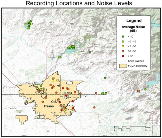 Map of recording locations. White-crowned sparrows were recorded throughout the FCMA, along Shaw Avenue and at random bird count points. Non-urban birds were recorded outside of the city limits and in the surrounding foothills. There are noticeably higher levels of noise within city limits compared to non-urban areas. Colors for each point represent dB(A). Map created in ArcMap 10 (ESRI, Redlands, CA, USA. Imagery Sources ESRI, CGIAR, USGS | Fresno County Dept. PWP, Esri, HERE, Garmin, METI/NASA, USGS, Bureau of Land Management, EPA, NPS, USDA).