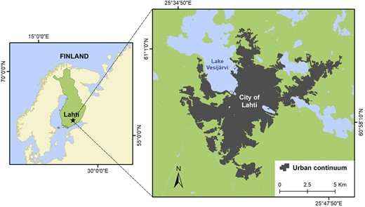 Map depicting the location and spatial extent of the built continuum of the City of Lahti.