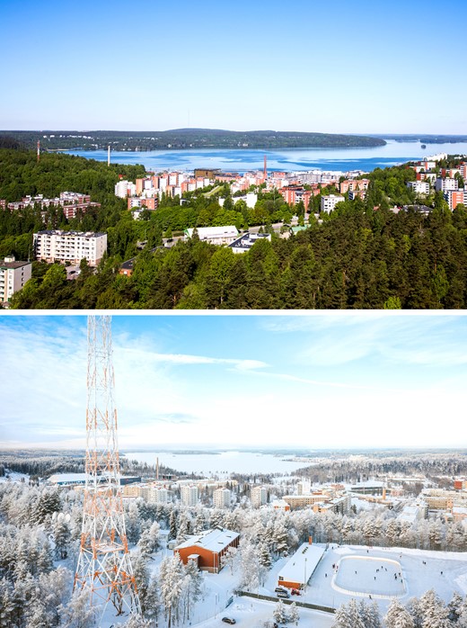 Urban landscapes of the City of Lahti in its most contrasting seasons: summer (top; photo credit: Lassi Häkkinen/City of Lahti) and winter (bottom; photo credit: Juha-Pekka Huotari/City of Lahti).