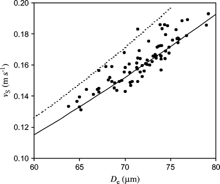 Settling speed in still air, vS (m s−1), versus volume-equivalent diameter, De (μm), for teosinte pollen. Shown are the measured values (solid circles) and the theoretical curve given by Equation 1 (solid line; r2=0.993, n=86). The well-known Stokes law result (dashed line), shown for comparison, gives values that are about 10% too high.