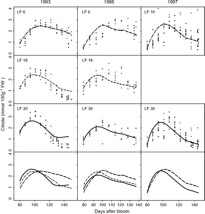 Measured and simulated citrate concentrations by the citrate model (equation 6) for cv. Suncrest during the 1993, 1996, and 1997 seasons (data Set II-1). The labels LF6, LF10, LF18, and LF30 indicate the leaf:fruit ratio. Crosses represent repetitions of the measurements, and lines simulated citrate evolution.