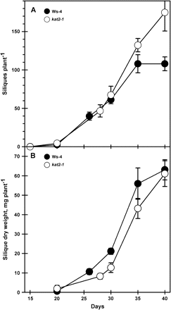 Total silique production during whole plant growth. (A) The total number of siliques on each plant was recorded at harvest. (B) The total dry weight of siliques on each plant was determined at harvest. All data represent the mean ±SE (n=10).