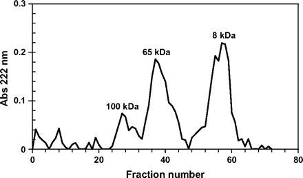 Elution profile of heat-treated peak 1 of the elution profile of Sephadex G100 (fractions 20–25, Fig. 1a) on a Sephacryl S300 gel filtration column. Molecular weights were calculated from the standards blue dextran, bovine serum albumin, trypsin, and cytochrome c.
