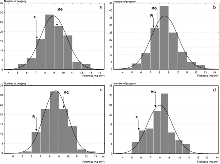 Frequency distributions for fruit firmness measured in the Fuji×Mondial Gala population at harvest for year 2 (a) and 3 (b), and after 2 months of cold storage for year 2 and 3, respectively (c and d).