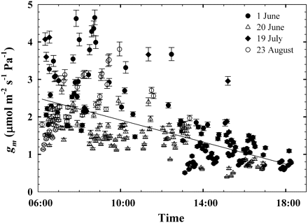 Significant diurnal variation in mesophyll conductance to CO2 (gm) across the four measurement dates (P <0.0001; r2=0.37). Mean gm was not different between 1 June and 20 June, but was higher on 19 July and 23 August (P <0.05; Tukey's HSD). Error bars represent 1 SE.