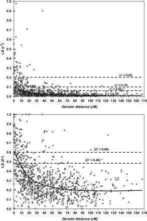 Scatterplots of the LD statistics (r2 and D') of linked (syntenic) marker pairs as a function of the genetic distance (cM) between markers. The locally weighted polynomial regression-based (LOESS) fitting curve and the LD critical threshold as estimated from the LD statistic distribution of the pairs of unlinked markers have been reported in each scatterplot. Distances (cM) between markers were obtained by combining two intra-specific durum RIL-based linkage maps (Maccaferri et al., 2008; Mantovani et al., 2008). LD thresholds were superimposed on the scatterplots. Thresholds discriminating between the LD due to population structure and to true linkage have been calculated based on the 95th percentile of the r2 and D' distributions from the unlinked marker-pairs and were equal to 0.06 (r2) and 0.48 (D'). The commonly used thresholds indicating appreciable LD higher than 0.10 and 0.20 for r2 and 0.60 for D' are also reported.