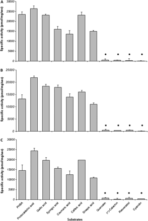 Substrate specificity of the three recombinant VvgGTs tested in vitro at pH 6.5. (A) VvgGT1; (B) VvgGT2; and (C) VvgGT3. Each bar represents the mean of three assays ± standard deviation. Asterisks indicate values not significantly different from zero (P=0.05).