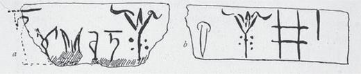 Drawings of Linear B tablets from Knossos showing saffron. Evans A. 1935. The Palace of Minos at Knossos, vol IV.2. London: Macmillan, fig 704.