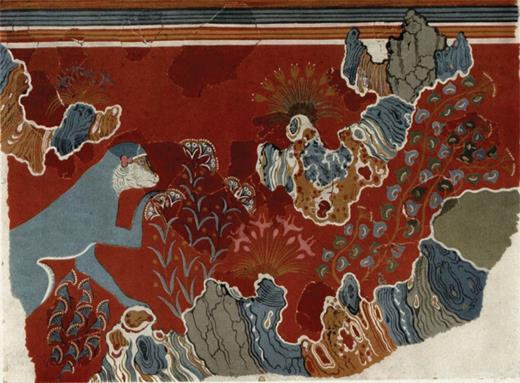 Section of the Birds and Monkeys fresco from House of the Frescoes, Knossos. Evans A. 1928. The Palace of Minos at Knossos, vol. II.2. London: Macmillan, pl. XI.