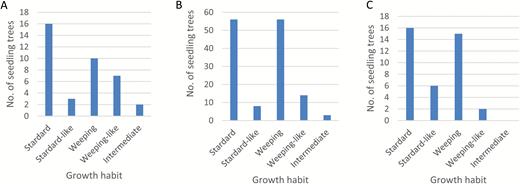 Phenotypic evaluation of growth habit in populations ‘Cheal’s Weeping’ × ‘Evereste’ (A), NY-051 × ‘Louisa’ (B), and NY-011 × NY-100 (C) segregating for weeping phenotype. Chi-square tests (excluding the intermediates) showed that the segregation of weeping (-like) and standard (-like) growth habits fit the 1:1 ratio in all the three populations: ‘Cheal’s Weeping’ × ‘Evereste’, χ2=0.1111, P=0.74; NY-051 × ‘Louisa’, χ2=0.2687, P=0.60; and NY-011 × NY-100, χ2=0.4100, P=0.52. (This figure is available in color at JXB online.)