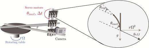 Experimental set-up used to study the responses of wheat coleoptiles subjected to transient inclinations for different gravity intensities, geff. Three small chambers were fixed to a rotating table and controlled by servomotors to induce a transient inclination at an angle θincl from the direction of the effective gravity.