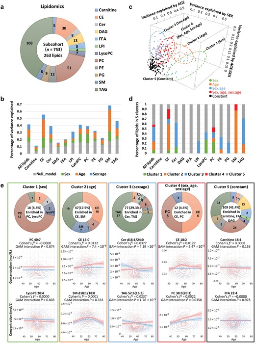 Clustering of age- and sex-specific patterns in lipidomics. (a) Serum lipids detected by HPLC-MRM, comprised 263 lipids across 12 lipid classes. (b) Percentage of variance in serum lipids explained by sex, age, age–sex interaction, and concomitant variables. (c) Clustering of lipids based on patterns of explained variance. (d) Percentage distribution of lipids within each cluster. (e) Enrichment analysis and sex/age-dependent trajectories of lipids in each cluster. The number of lipids in each cluster is summarized in the donut chart.