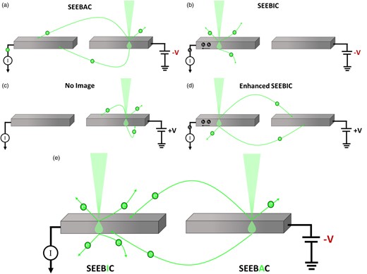 Schematic demonstrating the different forms of imaging possible with two disconnected contacts and a voltage source. (a) The e-beam is incident on a negatively biased specimen and the TIA is connected to an adjacent but electrically disconnected collector. SEs can be absorbed and an image can be formed. (b) The e-beam is incident on the sensing/TIA electrode and the opposite/non-sensing portion of the specimen is negatively biased. Normal SEEBIC imaging occurs. (c) The e-beam is incident on a positively charged non-sensing (disconnected from the TIA) portion of the specimen. Most SEs are recaptured and no image is formed. (d) Enhanced SEEBIC resulting from the positive bias, reducing recapture of emitted SEs. (e) SEEBIC and SEEBAC occurring under the same sample conditions as a result of e-beam position.
