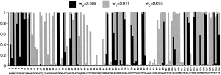 Fig. 4.—Posterior probabilities for site classes with different selective pressures (measured by the ω ratio) for amino acid sites along the sequence. The lysin sequence of the red abalone (Haliotis rufescens) is shown below the x-axis. Model M3 (discrete) is applied to the data of figure 1