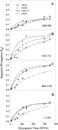 Fig. 5.—Phytochrome sequence divergence (Ka) as a function of divergence time (MYA). Ka values were determined for PHY sequences encoding amino acids 200–500 (A), 652–712 (B), and 800–1105 (C), as well as for the entire amino acid sequence alignment (D). Plotted Ka values are the means of all possible pairwise comparisons at particular time points. Dotted black line and filled circles = PHYA sequences. Dashed/dotted black line and open circles = PHYB sequences. Dashed black line and open triangles = PHYE sequences. Solid black line and filled triangles = PHYC/F sequences. Regressions were calculated on the assumption of an exponential rise to a maximum, using a two-parameter model (SigmaPlot ver. 4.0, SPSS Inc., Chicago, Ill.). Standard error bars are shown when the calculation is possible and the error is greater than the size of the symbol