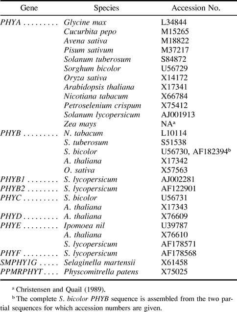 Table 1 Phytochrome Sequences Analyzed in this Study